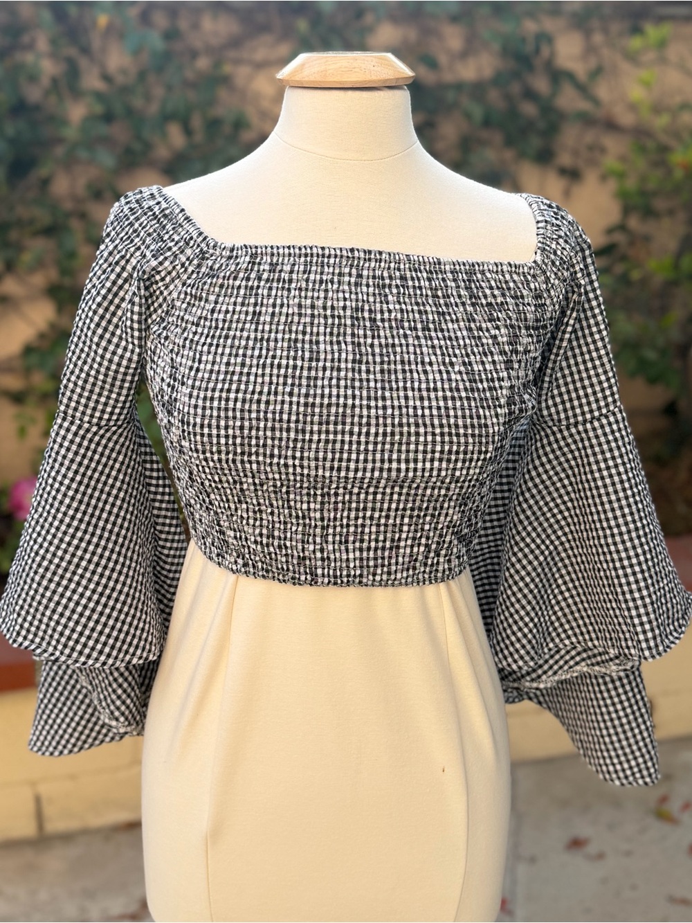 Gingham Smocked Off-Shoulder Crop Top - Black